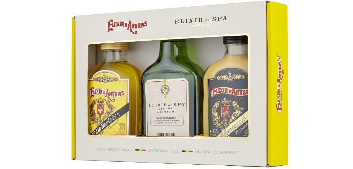 Geschenkdoos met Elixir d'Anvers, Elixir de Spa en Elixir d'Anvers Advocaat