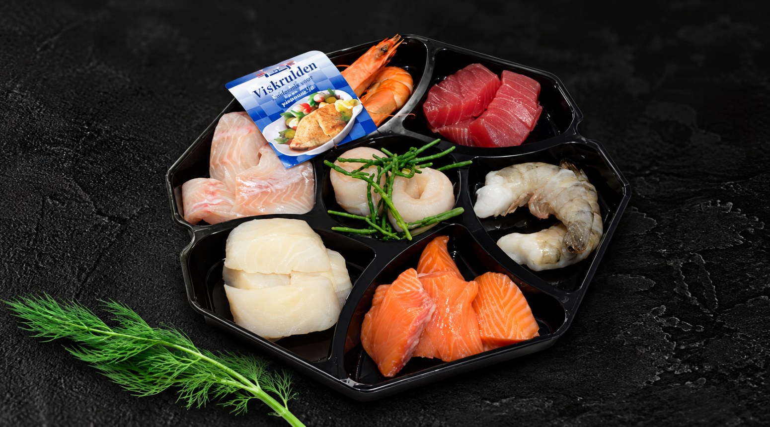 Gourmet- of fondueschotel met verse vis en scampi